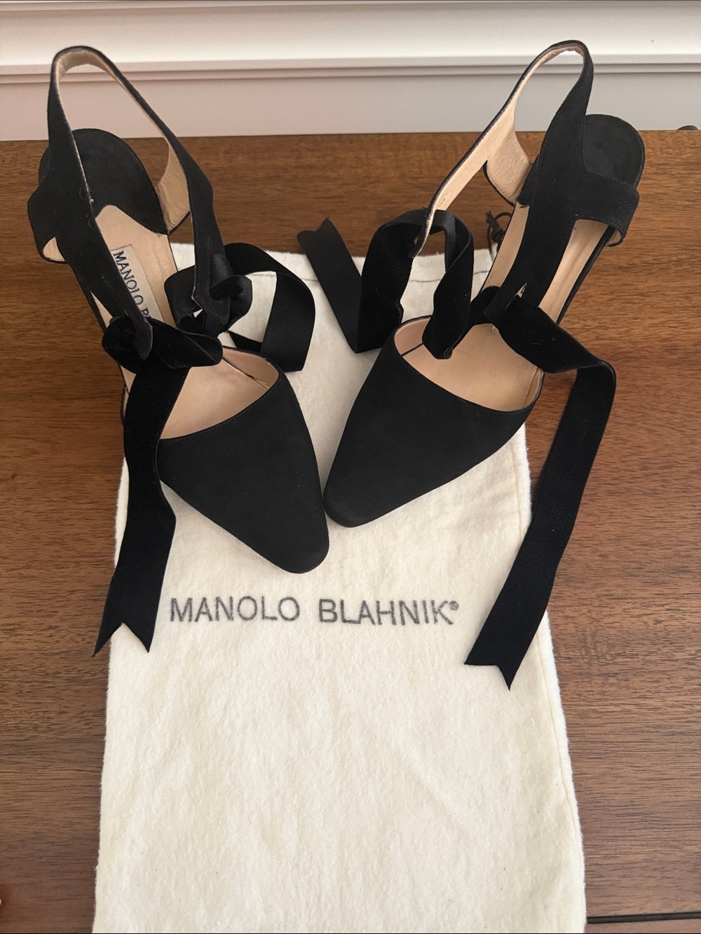 Manolo Blahnik Black Suede Pointed Toe Slingbacks with Ribbon Ties
